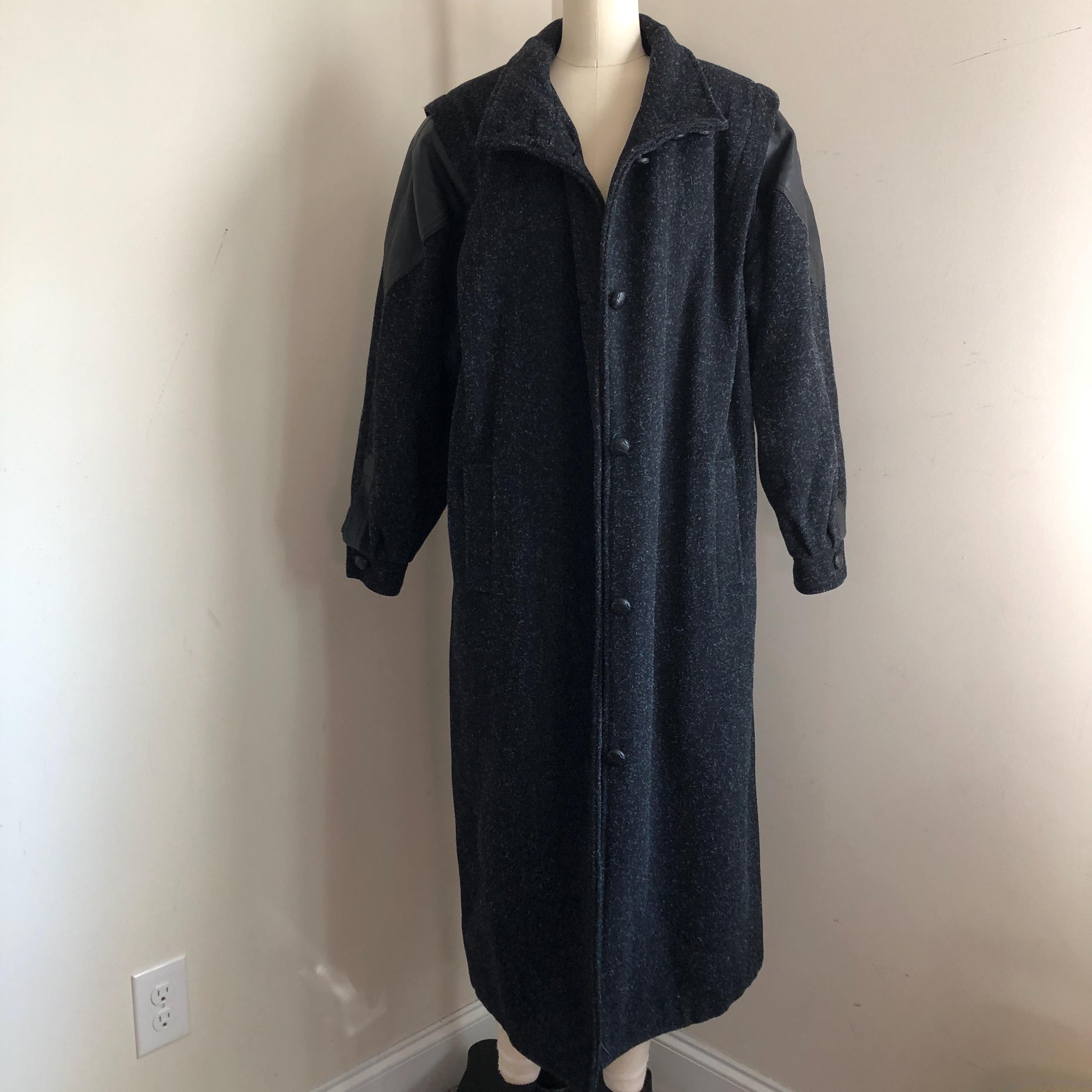 Vintage 80s Wool Blend Coat: Black Leather Trim, Size 14/16 - Etsy