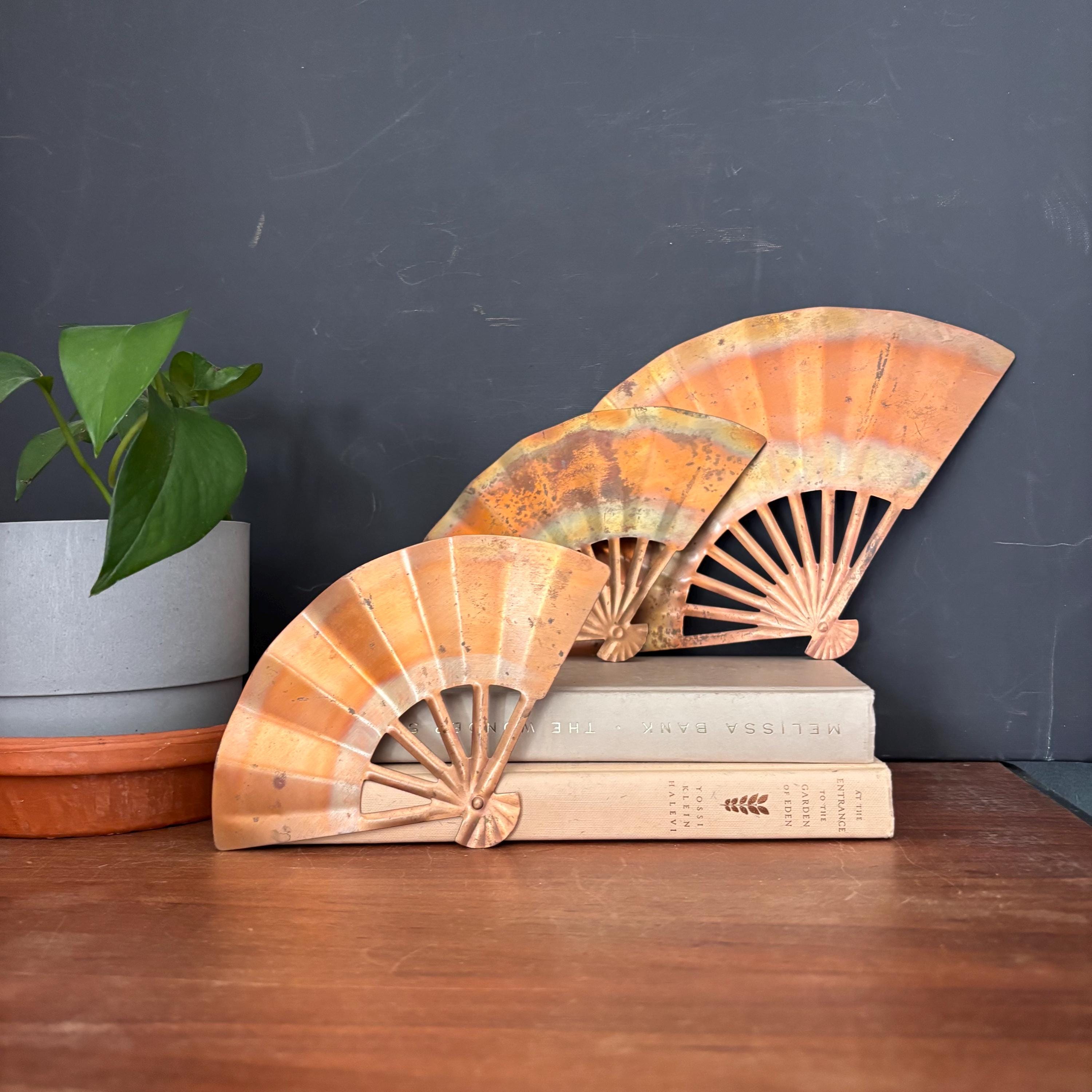 Vintage Metal Fan Shaped Wall Decor Copper & Gold Brass Color, Set