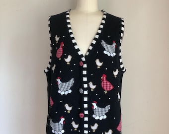 Mandal Bay Size M Hens Chicks & Eggs Black Embroidered Beaded Knit Vest