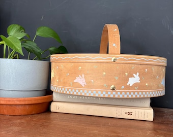 Vintage Wooden Shaker Basket with Pastel Stencil Bunnies for Easter made in Korea