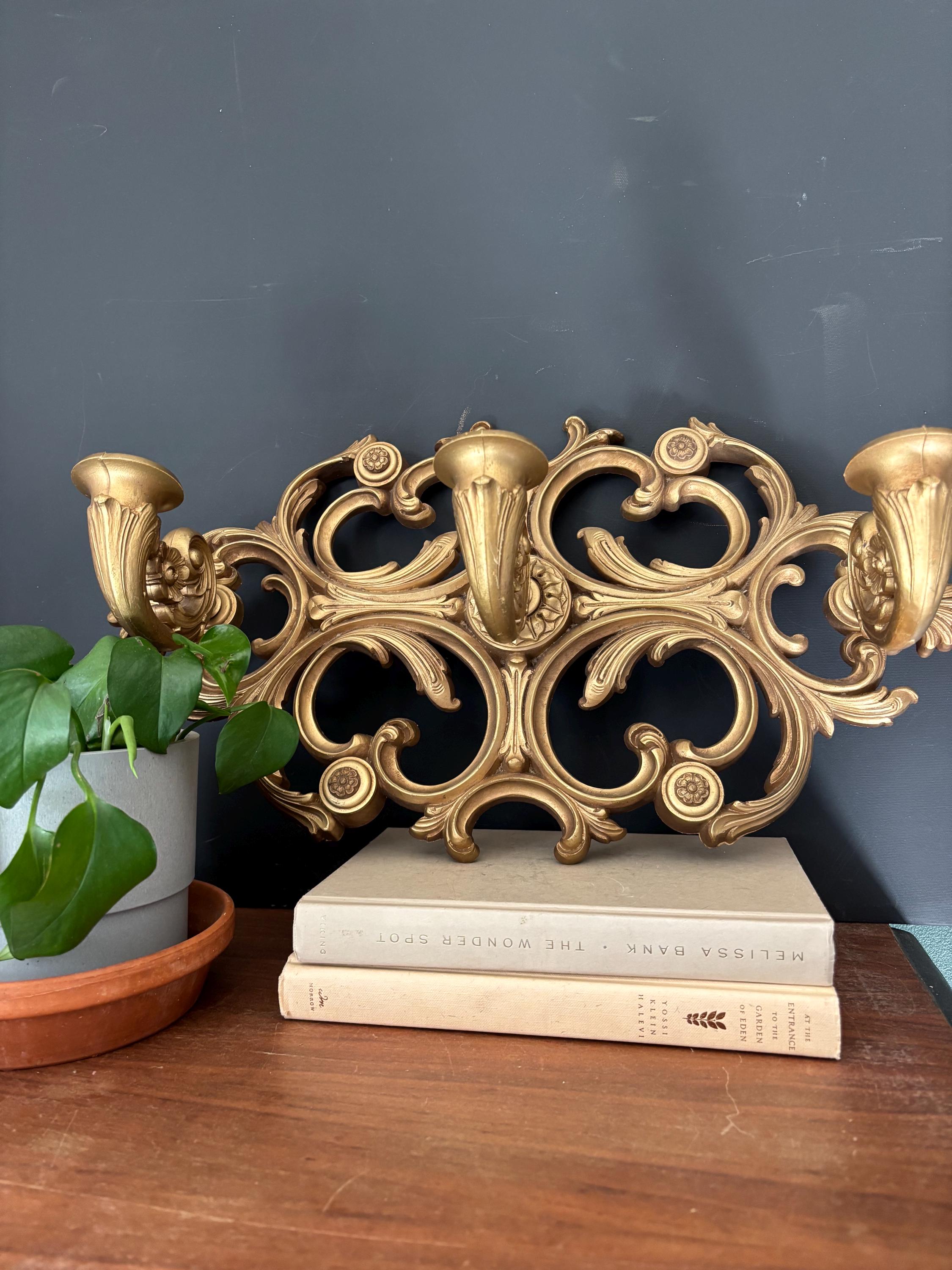 Vintage Syroco Gold Rococo 3-arm Wall Candle Sconce: Hollywood
