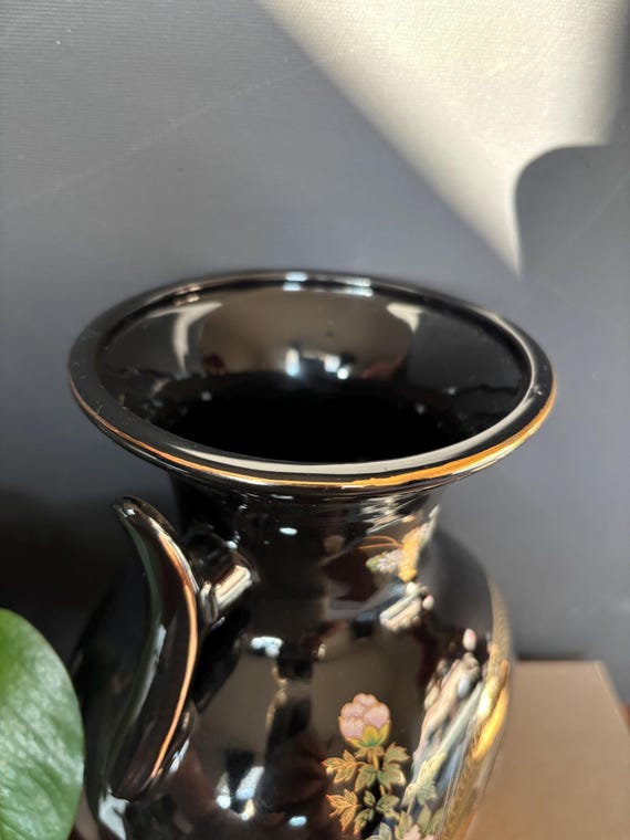Vintage Japanese Porcelain Vase Black Peacock Floral Design Japan