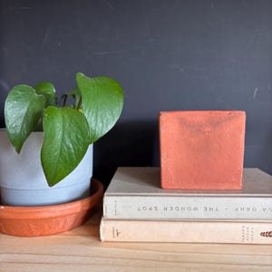 Può includere: Un blocco quadrato color terracotta con finitura opaca è appoggiato sopra due libri impilati. Il libro in alto è intitolato The Wonder Spot di Melissa Bank, quello in basso è di Yossi Klein Halevi. Una pianta verde in un vaso grigio poggia su un sottovaso in terracotta.