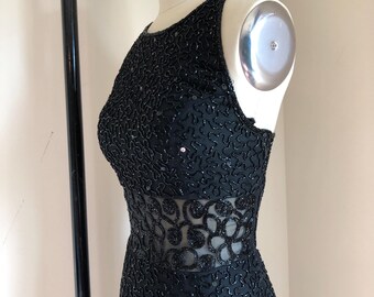 cache black sequin dress Vintage 1980s Cach Black Sequin Cocktail Long Sleeve Mini Dress, Size 6