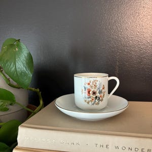 Vintage Porcelain Tea Cup & Saucer: Green Floral, Gold Trim - Made in China