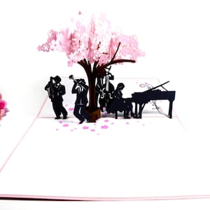 母の日 誕生日 桜の木 花 オーケストラ 音楽 バンド または フェンス 3D ポップアップ グリーティング カード