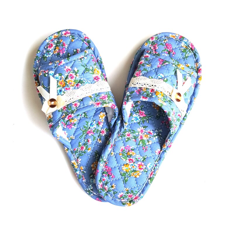 Cotton Quilted Washable Comfy Double-padded Non-slip Indoor Slippers Home Art Blue