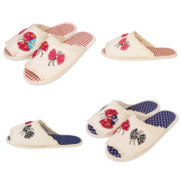 Washable 100% Cotton Laced Butterfly Light weight Snugging Double Hard Padded Non-slip Opened Toes Indoor Slippers