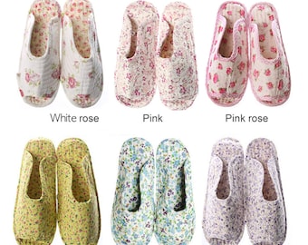 Women Men 100% Cotton Quilted Comfortable Plain Heels Rose pattern Opened or Closed toes Indoor Slippers