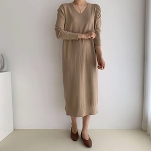 V-neck Knit Soft Comfortable Loose Dress Skirt with side cut for fall & winter