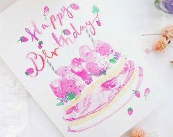 Happy Birthday Strawberry Cake Greeting Card