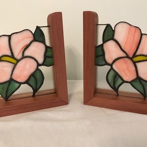 Bookends, mixed media, stained glass, wood, flowers
