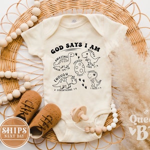God Says I Am Onesie® - God Says I Am Christian Baby Bodysuit - Retro Natural Onesie® - Cute baptism Baby Bodysuit.