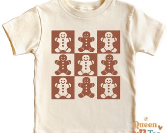 Retro Gingerbread Man Checkerboard Print Kids Cotton Tee, Natural Color