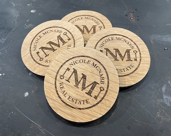 Custom Engraved Logo Coasters on Oak Barnwood - ROUND