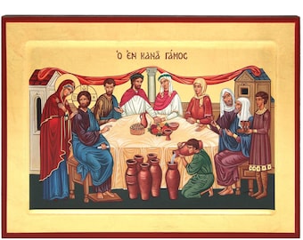 18 karats Wedding at Cana Greek Orthodox Wood Icon with Gold Leaf - Mounting Point - Gift Ready