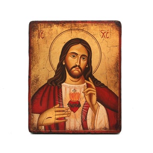 Handpainted Orthodox icon. Sacred Heart of Jesus 18X22 cm. Handpainted icon on natural handcrafted wood, Christmas Gift, Easter Gift