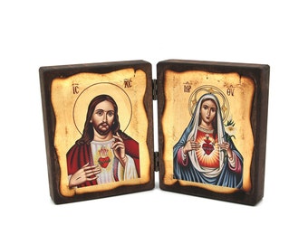 Immaculate Heart of Virgin Mary - Sacred Heart of Jesus Christ. Handmade Catholic Diptych Icon on natural handcrafted wood, Christmas Gift