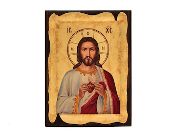 Sacred Heart of Jesus Christ 18x26cm. Catholic Old-looking handmade icon, Christmas Gift, Easter Gift