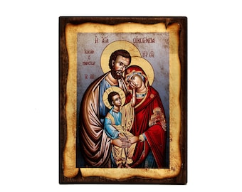 Orthodox icon,The Holy Family 18x26 cm. old looking, icon, Handmade icon on natural handcrafted wood, Christmas Gift, Easter Gift