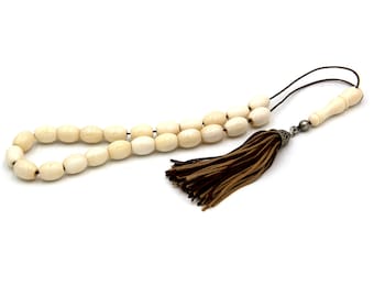 White Camel Bone Greek Worry Beads Komboloi 23 beads plus Imam, with Silver elements and Tassel