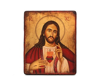 Handpainted Orthodox icon. Sacred Heart of Jesus 18X22 cm. Handpainted icon on natural handcrafted wood, Christmas Gift, Easter Gift