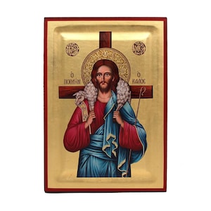 Jesus Christ Good Shepherd 24x23 cm. Byzantine icon, orthodox icon, handmade icon on natural handcrafted wood, Christmas Gift, Easter Gift