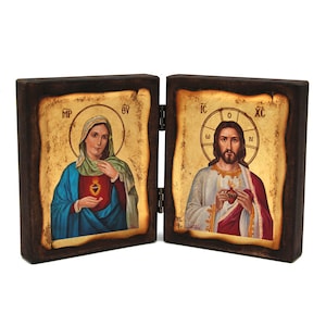 Onbevlekt Hart van de Maagd Maria - Heilig Hart van Jezus Christus. Handgemaakt katholiek tweeluikpictogram op natuurlijk handgemaakt hout, kerstcadeau