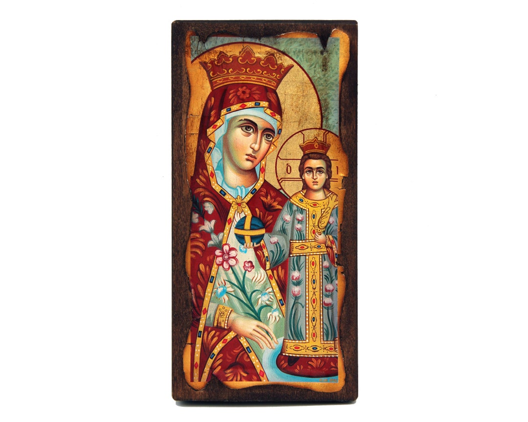 Orthodox Icon, Virgin Mary of Roses 19x40 Cm. Old Looking Byzantine ...