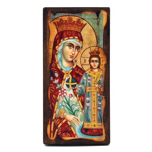 Orthodox icon, Virgin Mary of Roses 19x40 cm. old looking Byzantine icon, Handmade icon on natural handcrafted wood , Christmas Gift