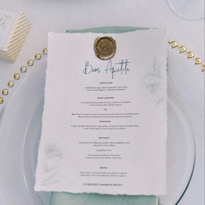 Menu weselne Antyczny papier pokładowy - Pieczęć lakowa - Romantyczny vintage - Wykonane na zamówienie