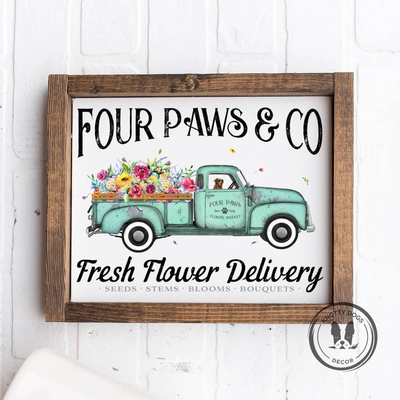 Fresh Flower Delivery Dog Sign Spring Decor Farmhouse Rustic Framed Sign for Dog Lover/'s Home Spring Wall Decor Four Paws /& Co