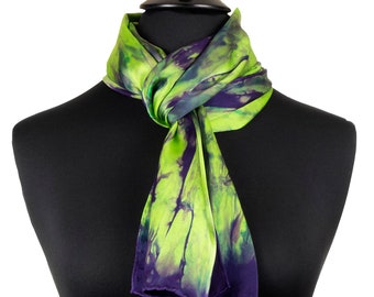 Navy and Green Silk Scarf, Ready to Ship Silk Scarf in Green and Navy, Bright Green Scarf, hand painted silk charmeuse scarf
