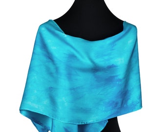 Blue Silk Scarf, Silk Scarf in cyan blue, sky blue scarf, hand painted silk charmeuse scarf for Mothers Day Gift