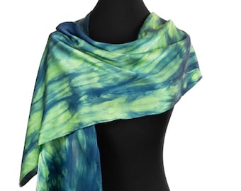 Long Green Silk Scarf, Ready to ship Pure Silk Scarf in Green and Teal, hand painted silk charmeuse scarf for mom, mothers day gift