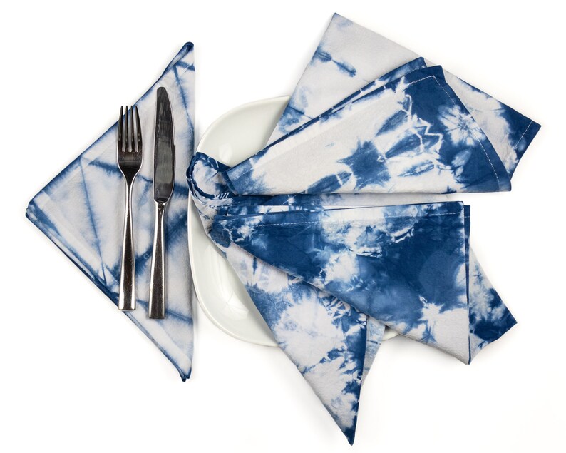 Tie Dye Flour Sack Napkins Set of 4, Indigo Blue Cloth Napkins, Boho Table Linens, Shiboridyed