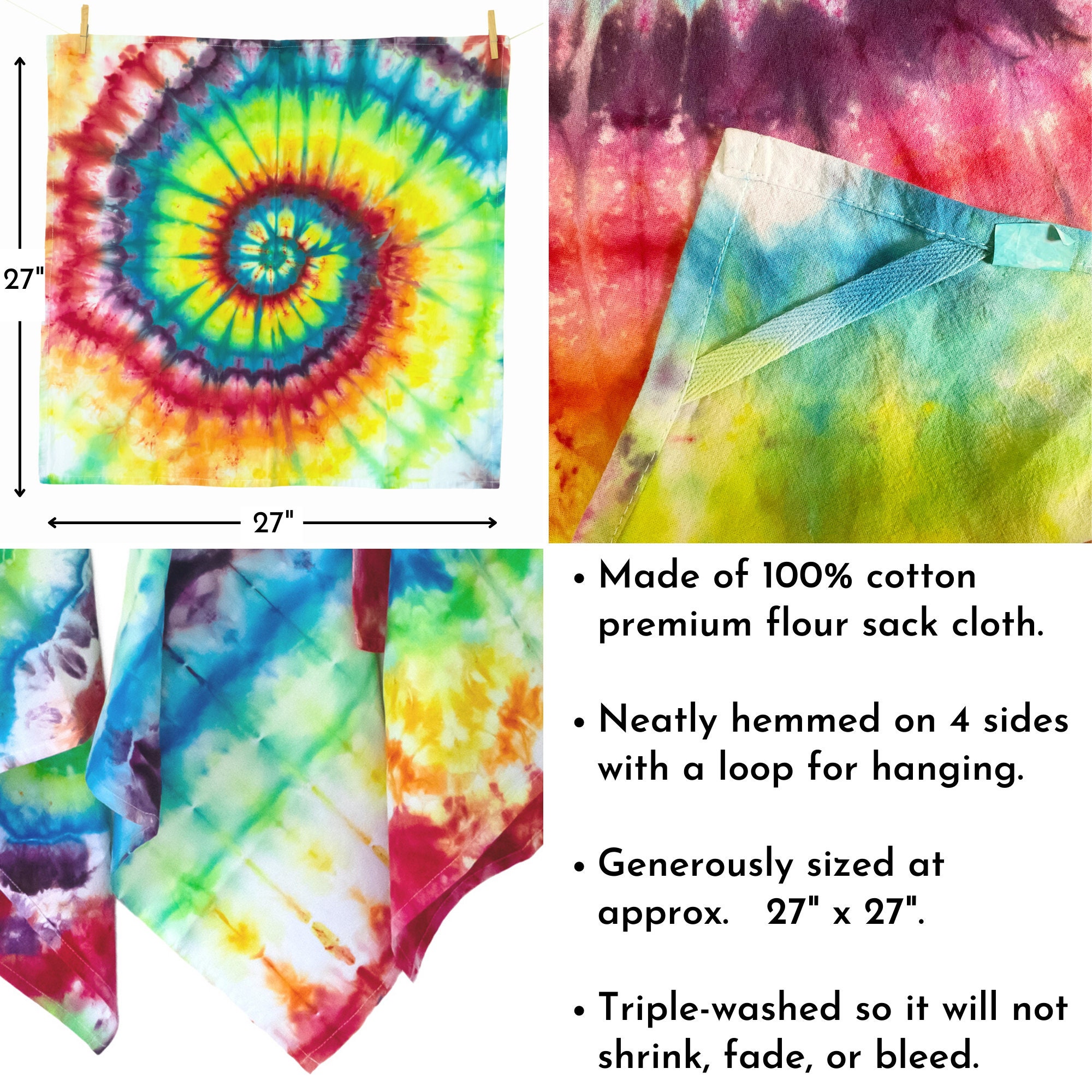 Tie Dye Flour Sack Tea Towel in Rainbow Shades, Kitchen Towel Hostess