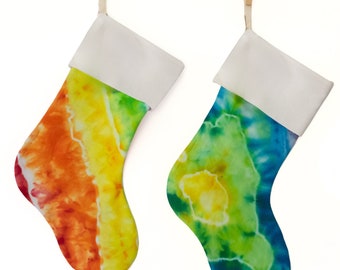 Rainbow Tie dye Christmas Stockings, Heirloom Linen Holiday Stocking