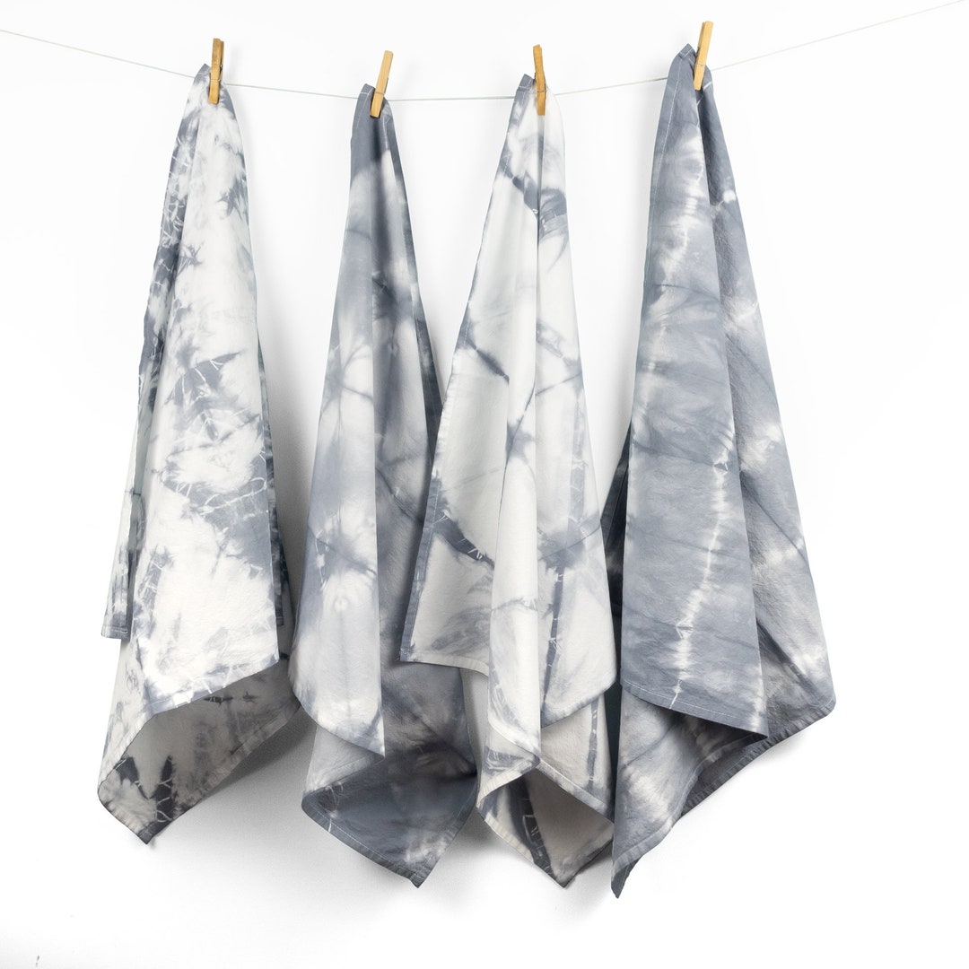 Tie Dye Flour Sack Tea Towel in Grey and White, Shibori Dyed Flour Sack
