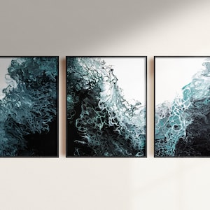 Abstract Print SET OF 3 Digital Download | Black, White, Teal/Green Art Print | Fluid Art Print | Wave Art | Modern Poster