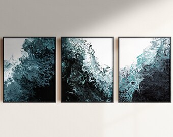 Abstract Print SET OF 3 Digital Download | Black, White, Teal/Green Art Print | Fluid Art Print | Wave Art | Modern Poster