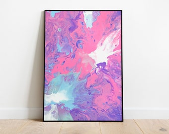 Peut inclure: Peinture abstraite dans un cadre noir avec des tourbillons et des marbrures roses, violettes et bleues.