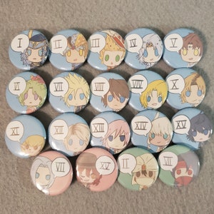 May include: A collection of 15 round blue and pink buttons with white borders. Each button features a cartoon character from the Final Fantasy video game series. The buttons are numbered I through XV.