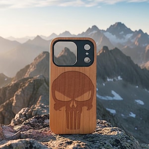 Punisher Skull Wooden iPhone Case – Engraved Design for iPhone 13-17