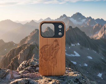 Gray Wolf Wooden iPhone Case – Engraved Natural Wood Cover for iPhone 14, 15, 16, 17, Pro, ProMax, Air, Plus | Eco-Friendly Protective Case