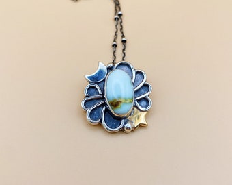 Moon and Star Art Nouveau Palomino Turquoise pendant in Sterling Silver and Brass