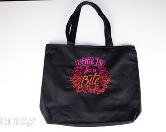 Come in for a Bite Embroidered Zippered Canvas Tote Bag