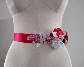 Red and white bridal belt,  flower belt sash, wedding belt