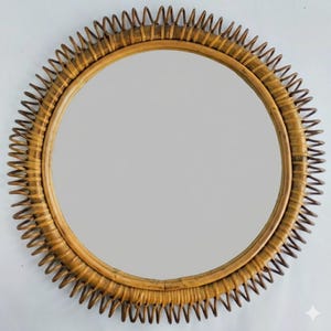 Specchio tondo in vimini / rattan / bambù / midollino / legno / anni '60 / '70, Bonacina, design vintage in stile Franco Albini, boho chic