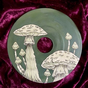 Ghosts of the Forest Floor- white mushrooms, green, dark, vinyl painting, wall art